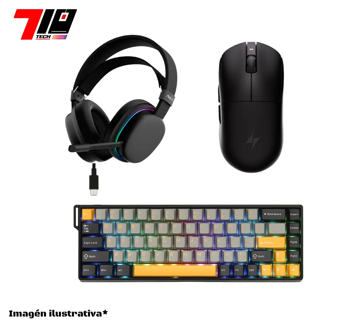 Combo Auricular G7 + Mouse A9 Plus 2.0 + Teclado 68He Max Black Grey Yellow